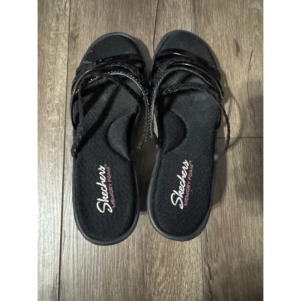 Skechers Memory Foam Black Wedge Sandals‎ Strappy Braided Size 11 Women's